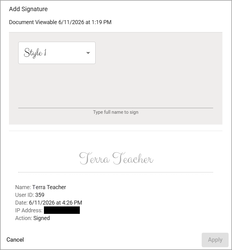 Signature section for an educator's signature, user ID, and action details displayed.
